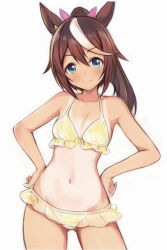  alternate_costume animal_ears bikini blue_eyes breasts brown_hair closed_mouth collarbone female hair_between_eyes hair_ornament horse_ears long_hair looking_at_viewer nannacy7 navel simple_background small_breasts solo swimsuit tan tanlines tokai_teio_(umamusume) umamusume white_background 