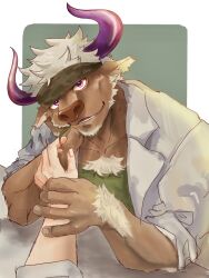  accessory anthro body_hair bovid bovine brown_body brown_fur cattle chest_hair duo first_person_view fur hair headband hi_res horn human lifewonders looking_at_viewer male mammal muscular muscular_anthro muscular_male pecs shennong shennong_(tas) tokyo_afterschool_summoners white_hair yukariko1208 