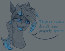  blue_eyes blue_hair_tips dialogue english_text equid equine fan_character female fish gills hair hasbro horse mammal marine my_little_pony pony ponytail restricted_palette shark sharp_teeth stray_prey teeth text 