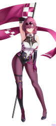  absurdres alternate_costume arm_up armpits bare_shoulders black_footwear blush breasts chinese_commentary commentary_request eyewear_on_head feifu female flag full_body gloves highres honkai:_star_rail honkai_(series) incredibly_absurdres kafka_(honkai:_star_rail) looking_at_viewer pantyhose purple_eyes purple_gloves purple_hair purple_pantyhose simple_background smile solo standing sunglasses thighs white_background 