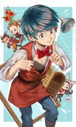  2boys 2girls animal_ears aqua_eyes aqua_hair arms_up belt black_footwear blonde_hair blue_eyes blue_pants bone_necklace boots border bow bowtie brown_hair chibi closed_mouth club_(weapon) commentary_request dragon_quest dragon_quest_builders_2 fake_animal_ears fake_tail female_builder_(dqb2) finger_to_mouth fishnets flower gloves high_heels holding holding_flower janis_(hainegom) jewelry leotard long_hair looking_at_viewer male_playboy_bunny multiple_boys multiple_girls musical_note necklace open_clothes open_shirt orange_gloves orange_pants pants pectoral_cleavage pectorals pero_(dqb2) pink_eyes playboy_bunny pointy_ears purple_shirt rabbit_ears rabbit_tail red_bow red_bowtie red_eyes red_footwear red_gloves red_leotard serge_(dqb2) shirt short_hair shower_head shushing sidoh_(dqb2) smile spiked_club spiked_hair spoken_musical_note strapless strapless_leotard tail tunic twintails undressing very_long_hair weapon white_border 