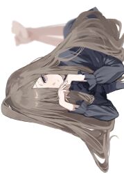  ahoge barefoot black_dress blurry brown_hair closed_mouth commentary_request depth_of_field dress female hair_over_one_eye highres long_hair looking_at_viewer lying mosa_1120 on_stomach own_hands_together purple_eyes sense_(sousou_no_frieren) sideways simple_background solo sousou_no_frieren the_pose very_long_hair white_background 