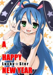  animal_ear beauty_mark blue_hair bunny_ear bunny_suit bunnysuit female flat_chest green_eyes human konata_izumi lucky_star nail_polish open_mouth smile solo thighhighs very_long_hair 