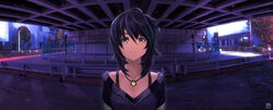  absurdres black_hair breasts brown_eyes building female hair_between_eyes highres jewelry looking_at_viewer medium_breasts necklace okuto original short_hair smile solo 