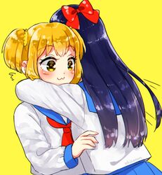  2girls :3 artist_name blush bow hairbow hug multiple_girls nemuaki orange_hair pipimi poptepipic popuko school_uniform scrunchie serafuku sidelocks simple_background twintails two_side_up yellow_background yellow_eyes yellow_scrunchie 