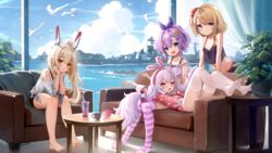  4girls :d :o absurdres ayanami_(azur_lane) ayanami_(off-duty_battle_station_gear)_(azur_lane) azur_lane bare_arms bare_shoulders barefoot black_camisole blonde_hair blush bow camisole chair cloud comodomodo couch cup english_commentary frilled_camisole frills full_body green_eyes hair_ornament hairbow highres indoors javelin_(azur_lane) javelin_(operation:_pillow_fight!)_(azur_lane) laffey_(azur_lane) laffey_(sleep_to_clean_another_day)_(azur_lane) long_hair looking_at_viewer lying_on_lap lying_on_person military_vehicle multiple_girls no_shoes official_alternate_costume open_mouth plant ponytail potted_plant purple_camisole purple_eyes purple_hair ship short_hair sleepwear smile striped_clothes striped_thighhighs table thighhighs warship watercraft white_thighhighs z23_(azur_lane) z23_(keeper_of_the_comf-fort)_(azur_lane) 