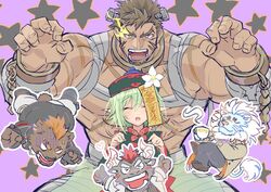  &gt;_&lt; 4boys abs bad_id bad_twitter_id bandages bara bare_pectorals barguest_(housamo) brown_hair chains chest_sarashi chibi chibi_inset claw_pose closed_eyes cosplay cow_boy cross_scar cuffs echo_(housamo) facial_hair female flaming_eye frankenstein&#039;s_monster frankenstein&#039;s_monster_(cosplay) goatee green_hair halloween halloween_costume handcuffs happy_halloween heracles_(housamo) highres japanese_clothes large_pectorals lion_boy long_sideburns male_focus multiple_boys muscular muscular_male naked_bandage pectorals revealing_clothes sarashi scar short_hair sideburns snow_(housamo) stitches stubble tokyo_afterschool_summoners trick_or_treat yakisoba_ohmori yellow_eyes 