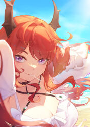  arknights armpits arms_up black_ribbon blue_sky breasts cleavage closed_mouth criss-cross_halter day female halterneck highres horns large_breasts ling_huanxiang long_hair long_sleeves looking_at_viewer neck_ribbon official_alternate_costume outdoors purple_eyes red_hair ribbon sky smile solo surtr_(arknights) surtr_(colorful_wonderland)_(arknights) swimsuit upper_body utensil_in_mouth 