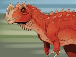  4:3 absurd_res ambiguous_gender back_spikes ceratosaurid ceratosaurus dinosaur extinct feral glistening glistening_eyes hi_res imperatorcaesar mouth_closed neck_spikes no_sclera orange_eyes prehistoric_species red_body reptile scalie side_view simple_background solo spikes spikes_(anatomy) theropod 