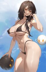  armpits bare_arms bare_shoulders beach_volleyball bikini black_bikini black_hair breasts cleavage commission contrapposto covered_nipples cowboy_shot elsword eve_(2nas)_(elsword) eve_(elsword) facial_mark female grin hair_ornament hair_over_shoulder halterneck hand_up highleg highleg_bikini highres large_breasts long_hair looking_at_viewer moby_(elsword) navel orange_eyes remy_(elsword) sabi_(ghke4333) second-party_source skindentation smile solo stomach strap_gap string_bikini swimsuit thick_thighs thighs 