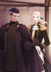  2boys ascot black_cape black_gloves black_hair blonde_hair blue_eyes blue_ribbon cape epaulettes gloves grey_hair hair_ribbon hand_up highres indoors lian_lewellin long_hair male_focus multicolored_hair multiple_boys open_mouth pixiv_fantasia pixiv_fantasia_age_of_starlight rebellious_prince_gerald ribbon shima108 standing tent two-tone_hair white_ascot 