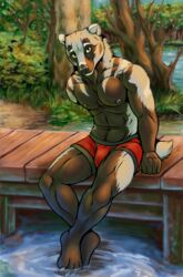  2020 abs anthro athletic athletic_anthro athletic_male badger barefoot black_body black_fur bulge clothed clothing feet forest fur green_eyes hi_res holt_clayburn looking_at_viewer male mammal marjani multicolored_body multicolored_fur muscular muscular_anthro muscular_male mustelid musteline navel nipples outside partially_submerged pecs plant sitting smile solo topless topless_male tree two_tone_body two_tone_fur underwear water white_body white_fur yellow_eyes 