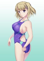  adjusting_clothes adjusting_swimsuit ass blonde_hair breasts competition_swimsuit covered_nipples female from_behind gradient_background hair_ribbon hanny looking_at_viewer looking_back mottio one-piece_swimsuit purple_eyes rance_(series) ribbon shiny_skin sideboob simple_background solo swimsuit twintails twisted_torso urza_pranaice 