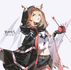  animal_ears apple arknights arrow_(projectile) arrow_through_apple bandaged_arm bandages black_cloak black_gloves black_shorts blonde_hair bow_(weapon) character_name cloak cowboy_shot cropped_shirt dadijiji dated ear_piercing ears_through_headwear female food fox_ears fruit gloves hair_ornament hairclip holding holding_bow_(weapon) holding_food holding_fruit holding_weapon hood hood_up hooded_cloak looking_at_viewer midriff navel notched_ear open_mouth orange_eyes piercing quiver shirt shorts solo vermeil_(arknights) weapon white_background white_shirt 