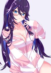  :t absurdres black-framed_eyewear black_hair blue_eyes blue_hair blue_nails blush breasts cleavage closed_mouth clothes_tug collarbone colored_inner_hair female finger_to_face glasses hair_between_eyes highres hood hoodie hoodie_tug indie_virtual_youtuber kson kson_(2nd_costume) large_breasts long_hair long_sleeves looking_at_viewer mole mole_under_eye multicolored_hair nail_polish naked_hoodie partially_unzipped pout simple_background sleeves_past_wrists solo striped_clothes striped_hoodie swept_bangs tsurime two-tone_hair virtual_youtuber watson_(achromatist_) 