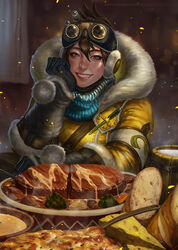  black_gloves bread brown_eyes brown_hair cheese coat commentary drink earmuffs eyelashes eyeshadow female food freckles fur_trim gloves goggles goggles_on_head gravy hair_between_eyes handler_(monster_hunter_world) head_rest highres hood hood_down looking_at_viewer makeup mascara meat monster_hunter:_world monster_hunter_(series) nib_pen_(object) parka pen pink_lips pom_pom_(clothes) pov_across_table realistic signature smile soffa solo sparkle spoon steak table tankard teeth winter_clothes winter_coat 