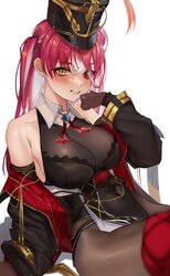  absurdres arm_support bad_id bad_twitter_id bare_shoulders black_jacket black_leotard blush breasts brown_gloves brown_pantyhose cleavage colored_inner_hair female gloves grey_hair grin hand_up hat heterochromia highres hololive houshou_marine houshou_marine_(marching_band) jacket large_breasts leotard long_hair long_sleeves mookie_(e_mook9) multicolored_hair official_alternate_hair_length official_alternate_hairstyle open_clothes open_jacket pantyhose puffy_long_sleeves puffy_sleeves red_eyes red_hair see-through see-through_cleavage shako_cap simple_background smile solo streaked_hair very_long_hair virtual_youtuber white_background white_hair yellow_eyes 