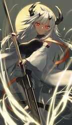  arknights detached_sleeves female full_moon glowing glowing_eyes highres holding holding_polearm holding_weapon horns jfjf long_hair long_skirt low-tied_long_hair matoimaru_(arknights) moon polearm red_eyes skirt solo spear weapon white_hair wide_sleeves 