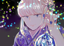  blonde_hair blue_eyes blue_kimono blue_nails blush female floral_print flower hair_flower hair_ornament japanese_clothes katou_asuka kimono long_hair looking_at_viewer nail_polish solo toll_shi upper_body watashi_ga_motenai_no_wa_dou_kangaetemo_omaera_ga_warui! yukata 