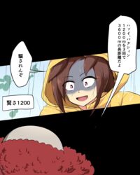  animal_ears brown_hair clown commentary_request constricted_pupils female horse_ears horse_girl hoxutixu it_(stephen_king) meme pennywise purple_eyes rain raincoat sakura_bakushin_o_(umamusume) shaded_face sidelocks storm_drain translated umamusume yellow_raincoat 