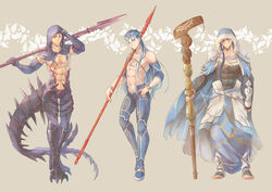  3boys armor bare_pectorals beige_background black_gloves blue_bodysuit blue_cape blue_hair bodysuit bracelet cape cosplay costume_switch crescent crescent_necklace cu_chulainn_(caster)_(fate) cu_chulainn_(caster)_(fate)_(cosplay) cu_chulainn_(fate) cu_chulainn_(fate/stay_night) cu_chulainn_(fate/stay_night)_(cosplay) cu_chulainn_(second_ascension)_(fate) cu_chulainn_alter_(fate) cu_chulainn_alter_(fate)_(cosplay) earrings elbow_gloves expressionless facepaint facial_mark fate/grand_order fate/stay_night fate_(series) full_body gae_bolg_(fate) gloves hair_over_shoulder highres holding holding_polearm holding_staff holding_weapon hood jewelry long_hair looking_at_viewer male_focus monster_boy multiple_boys necklace official_alternate_costume pauldrons pectorals polearm polearm_behind_back ponytail red_eyes ro_(pixiv34009774) robe self_cosplay shoulder_armor smile spear spikes staff standing tail toeless_legwear weapon 