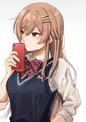  absurdres black_vest brown_eyes brown_hair cellphone collared_shirt commentary_request female furen_e_lustario hair_behind_ear hair_ornament hairclip highres holding holding_phone ibuki_(ibuki0118) long_hair looking_to_the_side nijisanji phone red_nails shirt smartphone solo upper_body vest virtual_youtuber white_shirt 