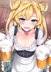  abukuma_(kancolle) alcohol alternate_costume apron bad_id bad_pixiv_id barmaid beer beer_mug blonde_hair blue_eyes bodice breasts collarbone cup dirndl double_bun female german_clothes hair_bun hair_rings heart_lock_(kantai_collection) highres holding holding_cup ibuki_grunt kantai_collection long_hair mug oktoberfest puffy_short_sleeves puffy_sleeves short_sleeves small_breasts solo underbust waist_apron white_apron 