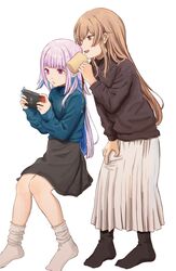  2girls absurdres black_skirt black_sweater blue_hair blue_sweater colored_inner_hair commentary cup furen_e_lustario hair_behind_ear hand_on_own_knee handheld_game_console highres holding holding_cup holding_handheld_game_console ibuki_(ibuki0118) leaning_forward lize_helesta long_hair mug multicolored_hair multiple_girls nijisanji nintendo_switch no_shoes open_mouth purple_hair red_eyes skirt smile socks sweater sweater_tucked_in symbol-only_commentary virtual_youtuber white_skirt 