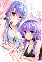  2girls arm_under_breasts bare_shoulders black_bow black_dress black_ribbon blue_eyes blue_hair blunt_ends blurry blurry_background blush bow braid breast_hold breasts butterfly_ornament chibinon cleavage closed_mouth collarbone commentary_request crown_braid curtains dress eyelashes eyes_visible_through_hair frilled_ribbon frills hair_between_eyes hairbow hand_up happy_birthday highres indoors inset_border large_breasts long_hair looking_at_viewer multiple_girls neck_ribbon purple_hair red_eyes ribbon siblings sidelocks sisters smile sorakado_ai sorakado_ao summer_pockets twins upper_body very_long_hair white_dress white_ribbon wrist_ribbon 