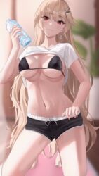  :3 absurdres barefoot bikini bikini_under_clothes black_bikini black_shorts blonde_hair blurry blurry_background blush bottle breasts cleavage clothes_lift covered_nipples cream_(cream) crown_hair_ornament dolphin_shorts drawstring earrings female hair_flaps hair_ornament hairclip hand_up highres holding holding_bottle jewelry kneeling large_breasts long_hair looking_at_viewer medium_breasts navel original po_ppe red_eyes shirt shirt_lift short_shorts short_sleeves shorts smile solo stomach string_bikini sweat swimsuit t-shirt thighs toes two-tone_shorts water_bottle wet white_shirt 