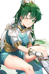  absurdres adjusting_footwear blush boots breasts closed_mouth commentary dress earrings feather_trim female fingernails fire_emblem fire_emblem:_the_blazing_blade fire_emblem_heroes gloves green_eyes green_hair hair_ornament highres jewelry knee_boots lips long_hair lyn_(fire_emblem) lyn_(resplendent)_(fire_emblem) medium_breasts one_eye_closed ormille ponytail puffy_short_sleeves puffy_sleeves putting_on_boots shiny_skin short_sleeves simple_background smile solo striped vertical_stripes white_background 