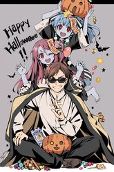  1boy 2girls :d ;d absurdres arms_up barefoot bat_(animal) black_pants black_shirt blue_hair blue_skirt brown_footwear brown_hair candy chinese_clothes claw_pose commentary da_huang english_commentary english_text food frilled_sleeves frills grey_background grin hair_ornament halloween halloween_costume happy_halloween high_collar highres holding hoshikawa_lily indian_style jack-o&#039;-lantern_print jacket jacket_on_shoulders jiangshi jumping light_blue_hair lollipop long_sleeves minamoto_sakura multiple_girls ofuda one_eye_closed one_side_up open_mouth pants red_eyes red_hair salute scar scar_on_face shirt shoes short_sleeves sitting skirt smile standing star_(symbol) star_hair_ornament straight-laced_footwear sunglasses tangzhuang tatsumi_koutarou twintails two-finger_salute white_shirt zombie zombie_land_saga 