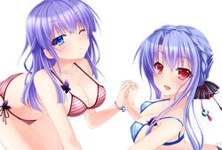  2girls :d arched_back bikini black_bow blue_bikini blue_eyes blue_hair blunt_ends blush bow braid breasts butterfly_ornament chibinon cleavage collarbone commentary_request covered_nipples crossed_bangs crown_braid eyelashes eyes_visible_through_hair from_side hair_between_eyes hair_ornament hairbow highres holding_hands interlocked_fingers large_breasts long_hair looking_at_viewer multiple_girls one_eye_closed open_mouth parted_lips purple_hair red_bikini red_eyes siblings side-tie_bikini_bottom sidelocks simple_background sisters smile sorakado_ai sorakado_ao striped_bikini striped_clothes summer_pockets swimsuit tassel tassel_hair_ornament twins upper_body very_long_hair white_background 