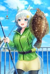  animal animal_ears aqua_hair blue_eyes female fish fishing_gear fishing_hook fishing_rod flounder fusou_(fuso0205) hair_ornament hairclip highres holding holding_animal holding_fish horse_ears horse_girl horse_tail ocean outdoors railing seiun_sky_(umamusume) short_hair tail umamusume 