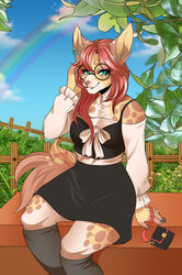  anthro biped black_clothing black_dress black_eyewear black_glasses breasts brown_body brown_fur clothed clothing clothing_bow cloud conditional_dnp digital_media_(artwork) dress ear_piercing ear_ring eyewear female fence fur glasses green_eyes grey_knee_highs hi_res knee_highs leaf legwear looking_at_viewer mammal markings outside piercing pink_nose plant purse rainbow ring_piercing round_glasses shaded sky solo spots spotted_markings tan_body tan_fur teeth white_body white_fur wolfbane154 