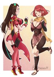  2girls ass bracer breasts brown_eyes brown_hair cleavage closed_eyes commission cosplay costume_switch fingerless_gloves fire_emblem fire_emblem_fates full_body gloves hair_over_one_eye headpiece highres jewelry kagero_(fire_emblem) kagero_(fire_emblem)_(cosplay) large_breasts long_hair mitsuchiis multiple_girls ninja open_mouth pelvic_curtain ponytail pyra_(xenoblade) pyra_(xenoblade)_(cosplay) red_hair sandals scarf short_hair shorts swept_bangs tiara xenoblade_chronicles_(series) xenoblade_chronicles_2 yellow_scarf zouri 