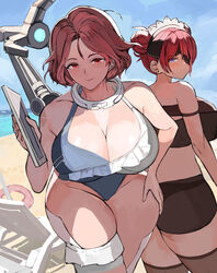  2girls absurdres ass bad_id bad_pixiv_id bikini blue_eyes blush breasts cleavage closed_mouth collar curvy double_bun eyepatch fortune_(last_origin) fotia_of_fireside hair_bun headdress highres large_breasts last_origin looking_at_viewer looking_back maid maid_headdress mechanical_arms mizuiro_sanshou multiple_girls official_alternate_costume red_eyes red_hair shiny_skin short_hair single_mechanical_arm smile swimsuit thighhighs 