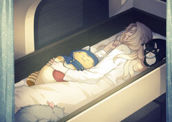  1boy bed closed_eyes closed_mouth feline indoors jewelry lian_lewellin long_hair lying male_focus on_side pajamas pixiv_fantasia pixiv_fantasia_age_of_starlight ring shima108 sleeping solo stuffed_animal stuffed_cat stuffed_toy white_pajamas yellow_eyes 