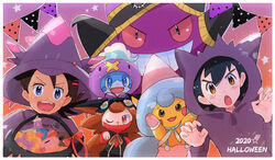  2boys banette black_hair blue_eyes blush bow brown_eyes brown_hair candy claw_pose clothed_pokemon commentary_request cosplay dated drifloon drifloon_(cosplay) eyelashes food gengar gengar_(cosplay) goh_(pokemon) halloween halloween_bucket hattrem hattrem_(cosplay) hood hood_up ichi_(pikapikapocket) long_sleeves looking_at_viewer male_focus mega_banette mega_banette_(cosplay) mega_pokemon mismagius mismagius_(cosplay) multiple_boys oerba_yun_fang open_mouth orange_bow pikachu pokemon pokemon_(anime) pokemon_(creature) pokemon_journeys raboot satoshi_(pokemon) smile sobble star_(symbol) teeth tongue 