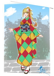  absurdres alternate_costume alternate_hairstyle aotsuba blonde_hair breasts female flower geta hair_flower hair_ornament highres japanese_clothes kanzashi kimono kinchaku large_breasts long_hair mythra_(xenoblade) obi pouch sash swept_bangs tabi very_long_hair xenoblade_chronicles_(series) xenoblade_chronicles_2 yellow_eyes 