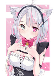  absurdres ahoge animal_ear_fluff animal_ears bandaid bandaid_hair_ornament barcode barcode_tattoo bell bow bowtie braid braided_ponytail breasts cleavage clip_studio_paint_(medium) closed_mouth commentary dot_mouth ear_piercing female frills grey_eyes grey_hair hair_ornament hairband heterochromia highres indie_virtual_youtuber kaya_(tyhk7874) lolo_(vtuber) long_hair looking_at_viewer medium_breasts mole mole_under_eye multicolored_hair obi piercing pink_bow pink_bowtie pink_eyes pink_hair sash sidelocks solo streaked_hair symbol-shaped_pupils tattoo upper_body virtual_youtuber 