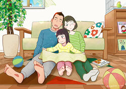  1boy 2girls :&gt; ball barefoot bird blanket blue_shirt blue_sky blunt_bangs blush book brown_hair cage children&#039;s_book closed_eyes commentary_request couch curtains day drooling family green_pants green_shirt grey_pants indoors jupachi18 leaf lolicon medium_hair multiple_girls one_eye_closed open_window original pants pillow pink_pants plant potted_plant rug shirt short_hair signature sitting sky sleeping socks star_(symbol) star_print striped_clothes striped_shirt twitter_username white_legwear window yellow_shirt 