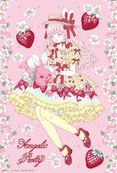  ad angelic_pretty animal_ears blunt_bangs boater_hat bow copyright_name dress fashion female flower food food-themed_hair_ornament food_print frilled_dress frilled_skirt frills fruit grey_eyes hair_ornament hairbow hat highres kira_imai lace lolita_fashion pantyhose patterned_clothing pink_background pink_hair postcard print_pantyhose rabbit rabbit_ears real_life red_bow red_footwear skirt solo strawberry strawberry_blossoms strawberry_hair_ornament strawberry_print stuffed_animal stuffed_rabbit stuffed_toy yellow_dress 