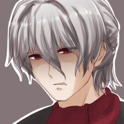  1boy antonio_salieri_(fate) antonio_salieri_(second_ascension)_(fate) commentary_request fate/grand_order fate_(series) grey_background grey_hair hair_between_eyes hair_intakes i.u.y looking_at_viewer male_focus outline parted_lips portrait red_eyes red_scarf scarf sharp_teeth solo teeth v-shaped_eyebrows white_outline 