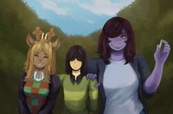  2019 anthro antlers big_breasts blonde_hair blue_sky breasts brown_body brown_fur buckteeth cervine chalk checkered checkered_clothing closed_eyes clothing collar deer deltarune ears_up eyelashes female forest freckles fur group hair hair_over_eyes hand_on_shoulder hi_res horn human jacket kris_(deltarune) larger_female lizard male mammal new_world_deer noelle_holiday opheober pattern_clothing photo plant prick_ears purple_body purple_scales purple_skin red_nose reindeer reptile scales scalie sharp_teeth size_difference sky smile smiling_at_viewer susie_(deltarune) sweater teeth topwear tree undertale_(series) yellow_eyes 