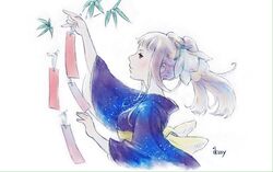  bamboo bravely_default_(series) bravely_second:_end_layer female flower hair_flower hair_ornament highres ikusy japanese_clothes kimono leaf magnolia_arch obi official_art plant ponytail purple_kimono red_eyes sash tanabata tanzaku white_hair 