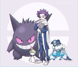  1boy blue_jacket boku_no_hero_academia chromatic_aberration commentary_request crossover espurr frogadier gengar grey_eyes holding holding_pokemon jacket long_sleeves male_focus ohhhhhhtsu pants parted_lips pokemon pokemon_(creature) purple_hair ralts scarf shinsou_hitoshi shoes spiked_hair standing teeth u.a._gym_uniform white_footwear white_scarf 