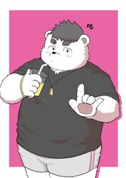  2020 absurd_res anthro bear black_nose blush bottomwear clothing fur hi_res humanoid_hands kemono male mammal overweight overweight_anthro overweight_male sakisukem shirt shorts solo topwear white_body white_fur 