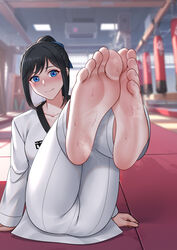  absurdres barefoot black_hair blue_eyes blue_ribbon blurry blurry_background blush ceiling chains chinese_commentary collarbone commentary day dougi feet feet_up female foot_focus foot_pussy greek_toe gym highres long_bangs long_sleeves mat oirin on_floor original pale_skin ponytail punching_bag ribbon shelf smile soles solo steaming_body sunlight sweat taekwondo toenails toes 