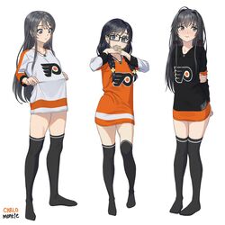  3girls alternate_costume artist_name black-framed_eyewear black_hair black_thighhighs blue_eyes blush braid carlo_montie commentary commission crossover english_commentary glasses hair_ornament hair_ribbon hairclip hockey_sweater holding_own_arm long_hair long_sleeves low_twin_braids multiple_crossover multiple_girls national_hockey_league no_shoes ore_wo_suki_nano_wa_omae_dake_ka_yo philadelphia_flyers ribbon sakurajima_mai sanshokuin_sumireko seishun_buta_yarou shirt_tug simple_background smile standing thighhighs trait_connection twin_braids white_background yahari_ore_no_seishun_lovecome_wa_machigatteiru. yukinoshita_yukino zettai_ryouiki 